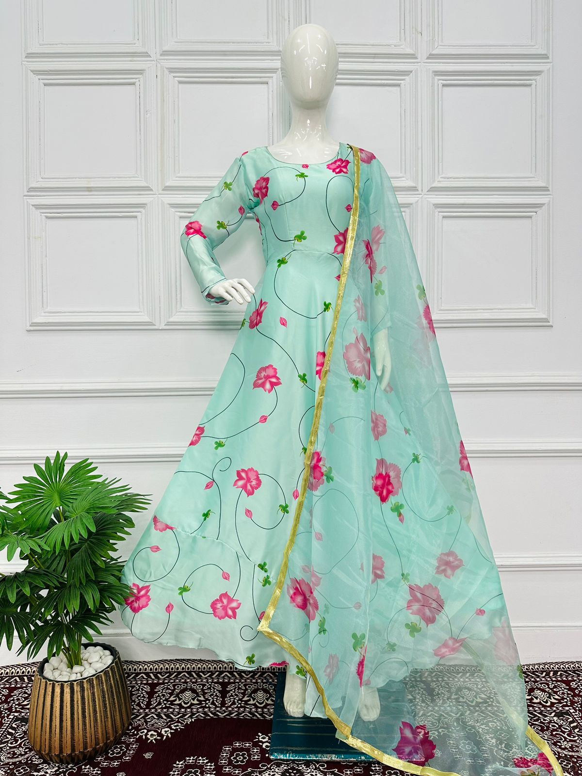 Attractive Sky Blue Color Long Gown With Dupatta