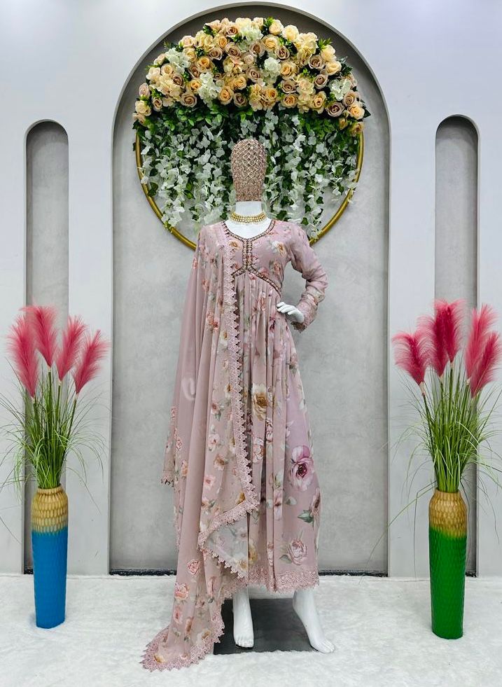 Amazing Hand Work Dusty Pink Gown With Dupatta