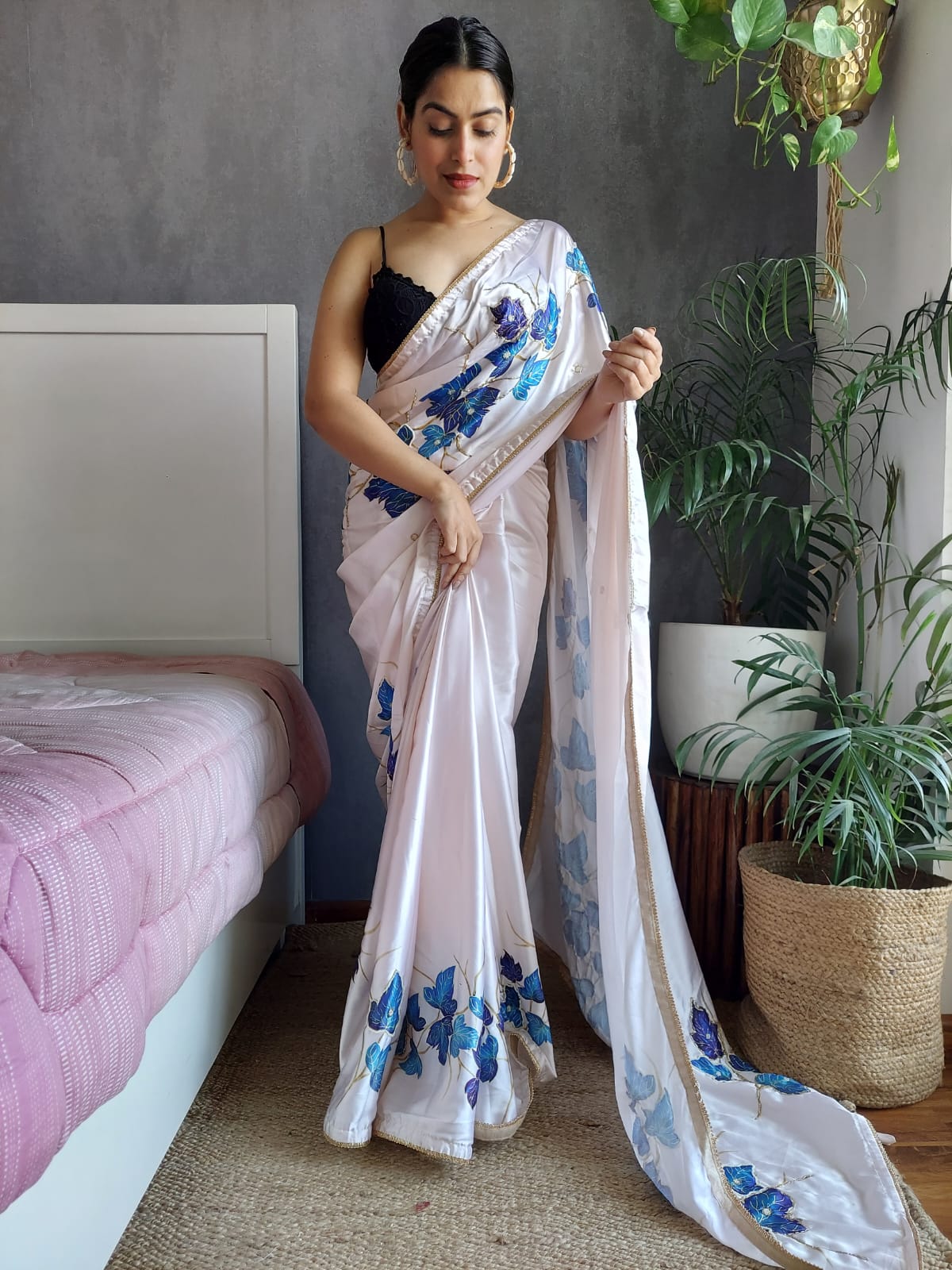 Pretty Cream Color Digital Print With Handwork Silk Saree