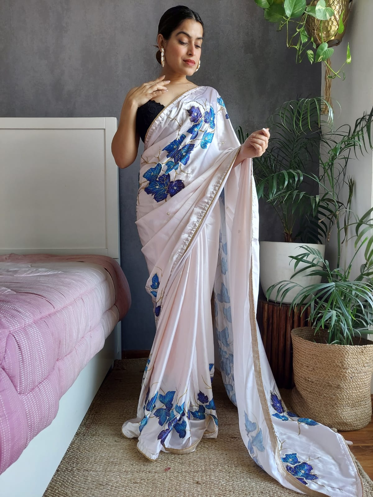 Pretty Cream Color Digital Print With Handwork Silk Saree