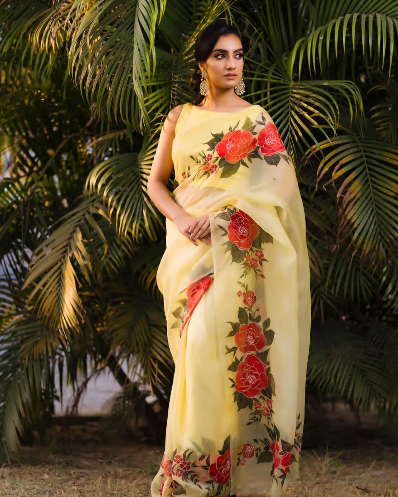 Organza Silk Moti Work Yellow Color Wedding Wear Saree