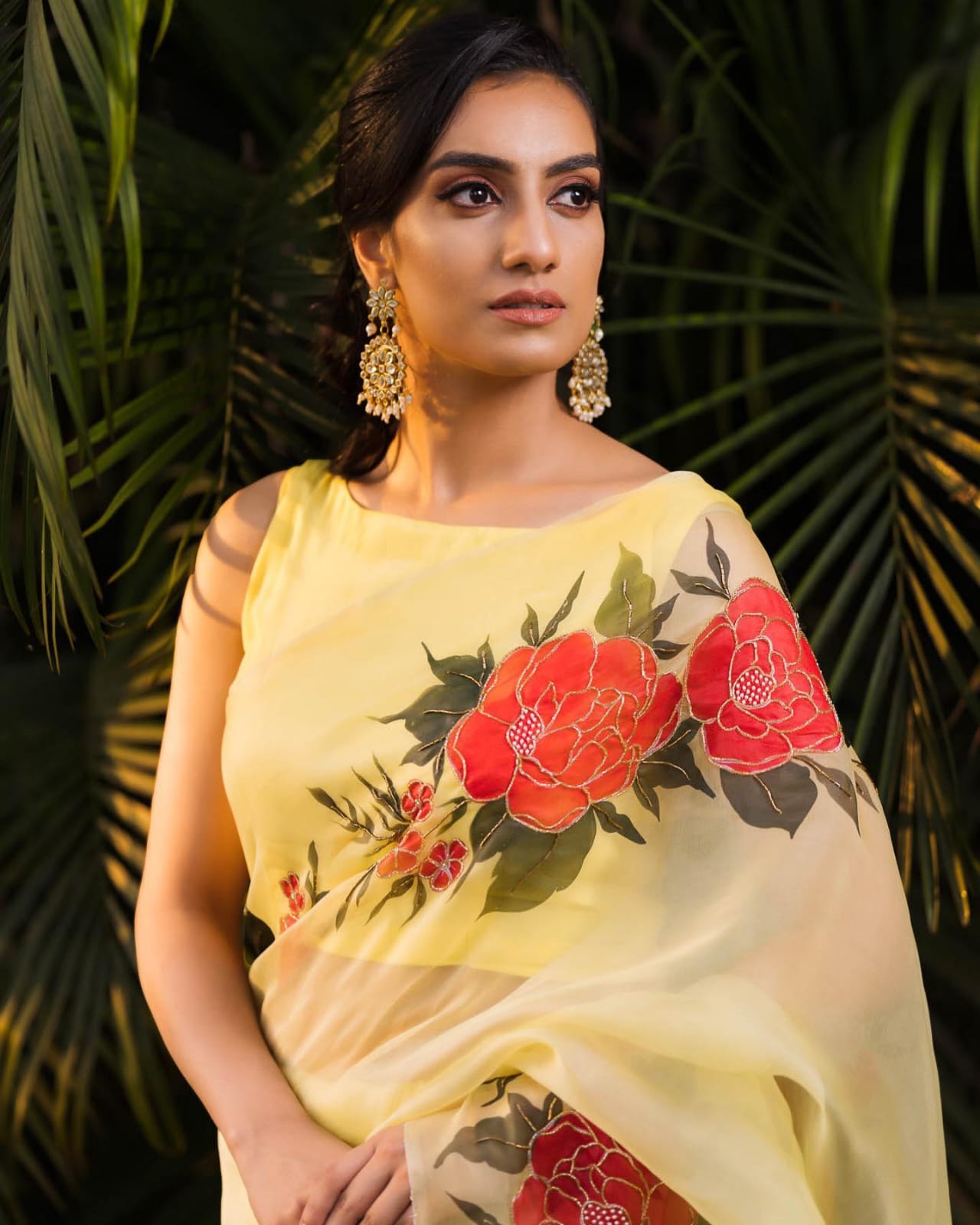 Organza Silk Moti Work Yellow Color Wedding Wear Saree