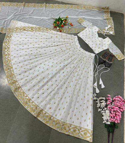 Wedding Wear White Color Sequence Work Lehenga Choli