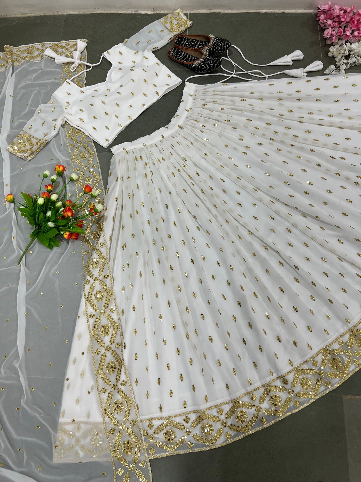 Wedding Wear White Color Sequence Work Lehenga Choli