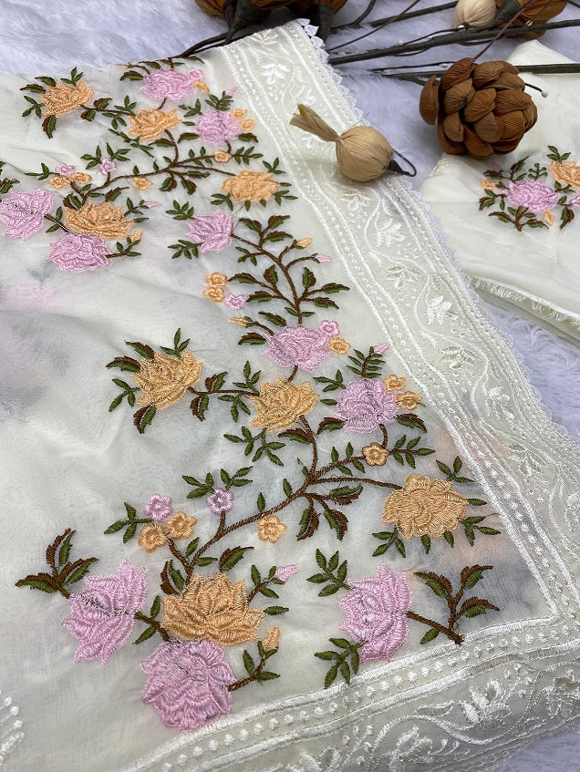 White Color Flower Design Embroidery Work Party Wear Saree