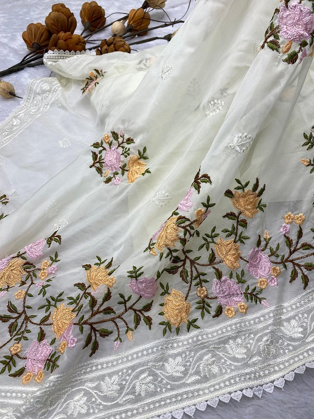 White Color Flower Design Embroidery Work Party Wear Saree