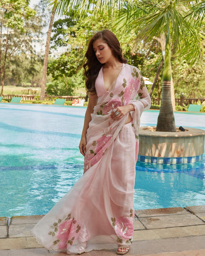 Organza Silk Floral Digital Print Light Pink Saree