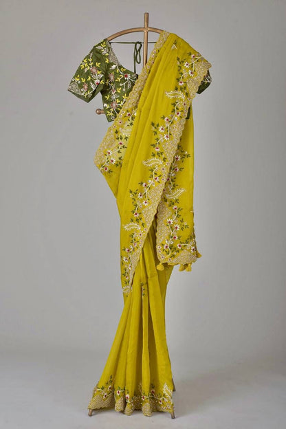 Shining Heavy Cut Work Border Yellow Color Saree