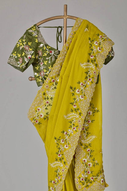 Shining Heavy Cut Work Border Yellow Color Saree