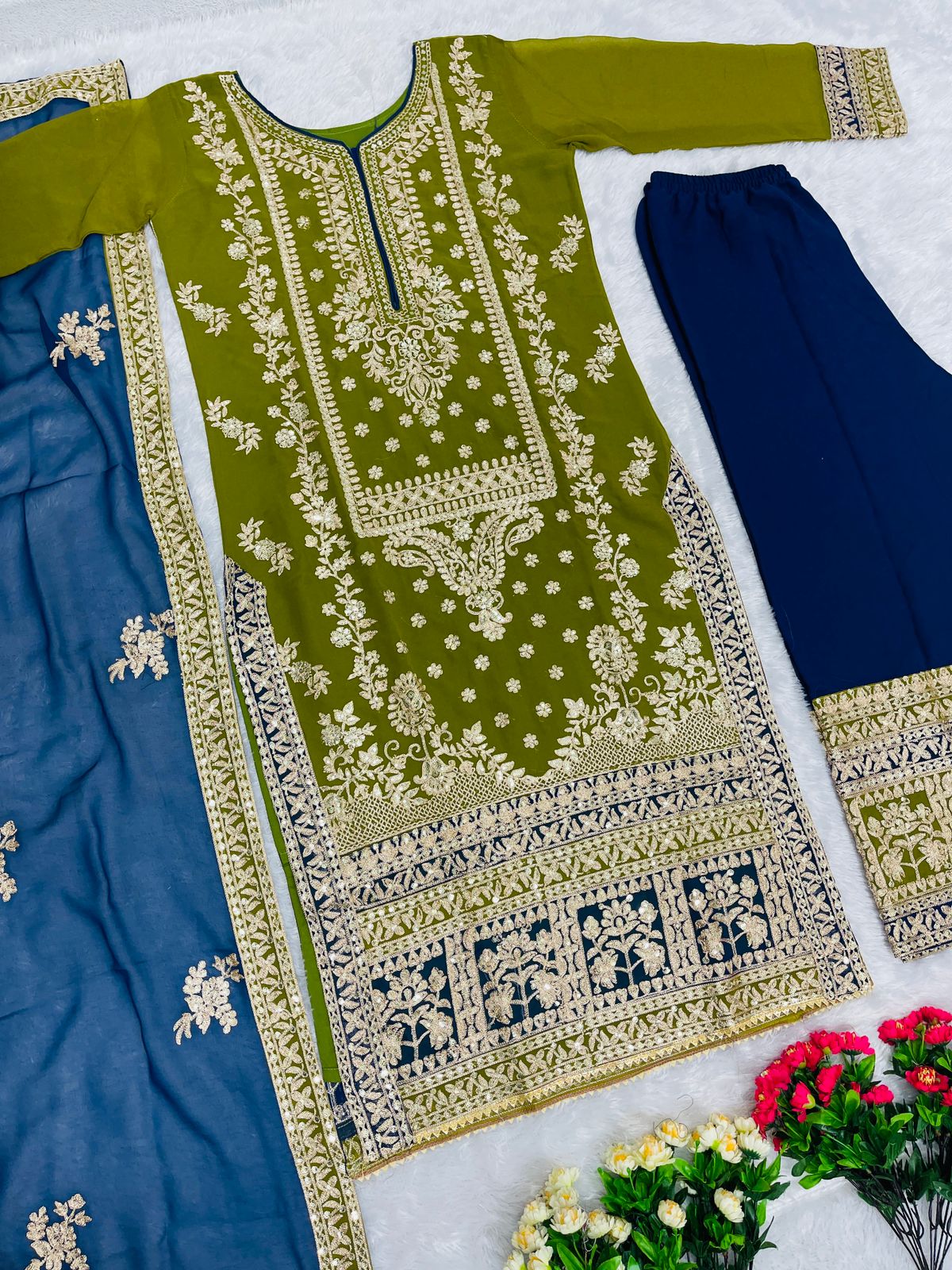 Beautiful Diamond Hand Work Green With Blue Color Pakistani Suit