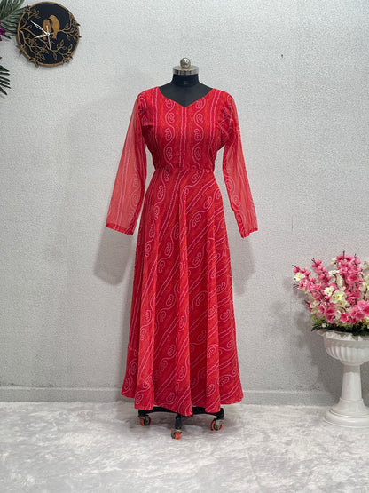 Beautiful Digital Print Red Color Gown