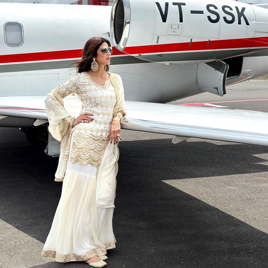 Celebrity Style Sequence Work White Sharara Suit