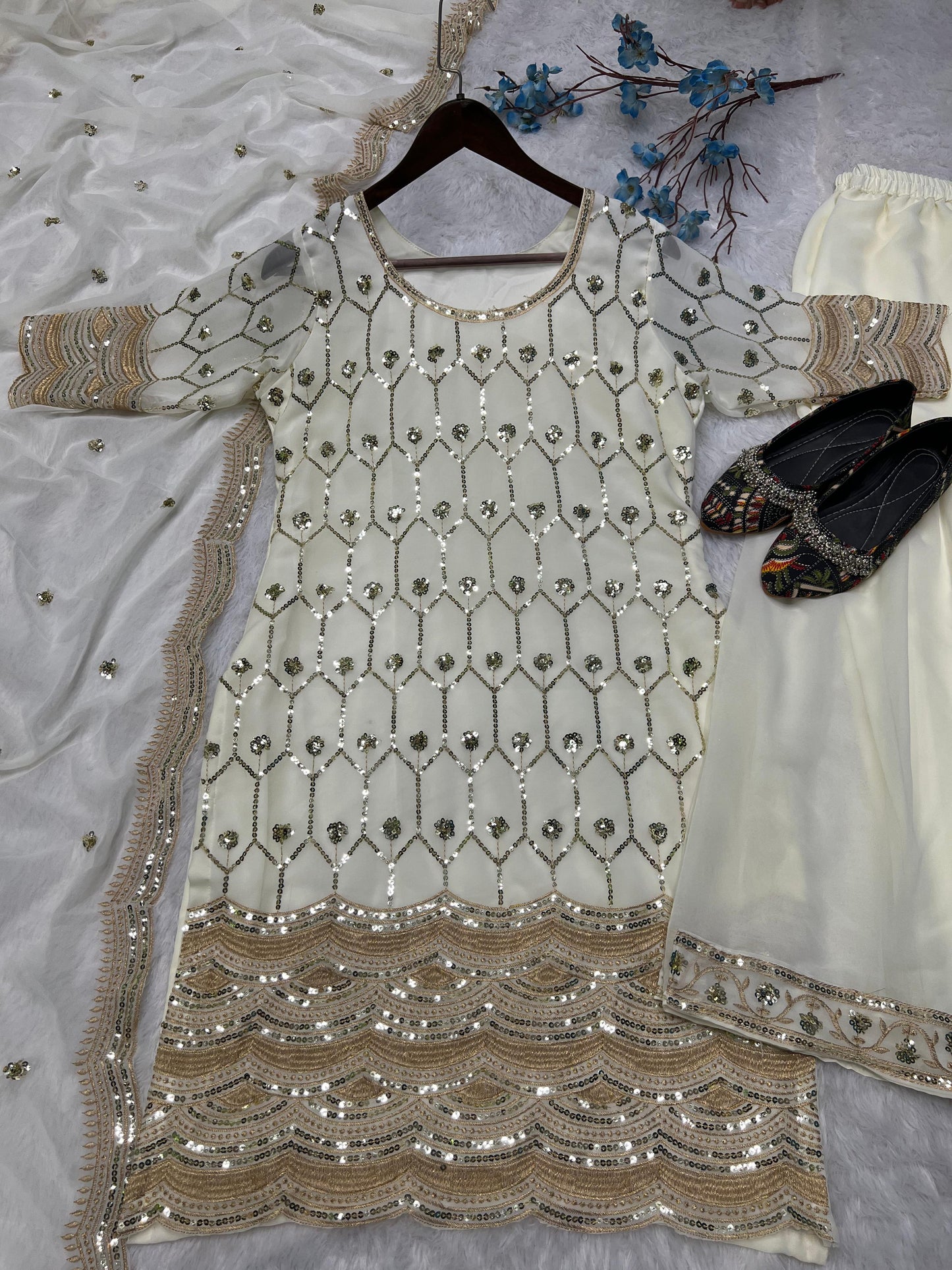 Celebrity Style Sequence Work White Sharara Suit