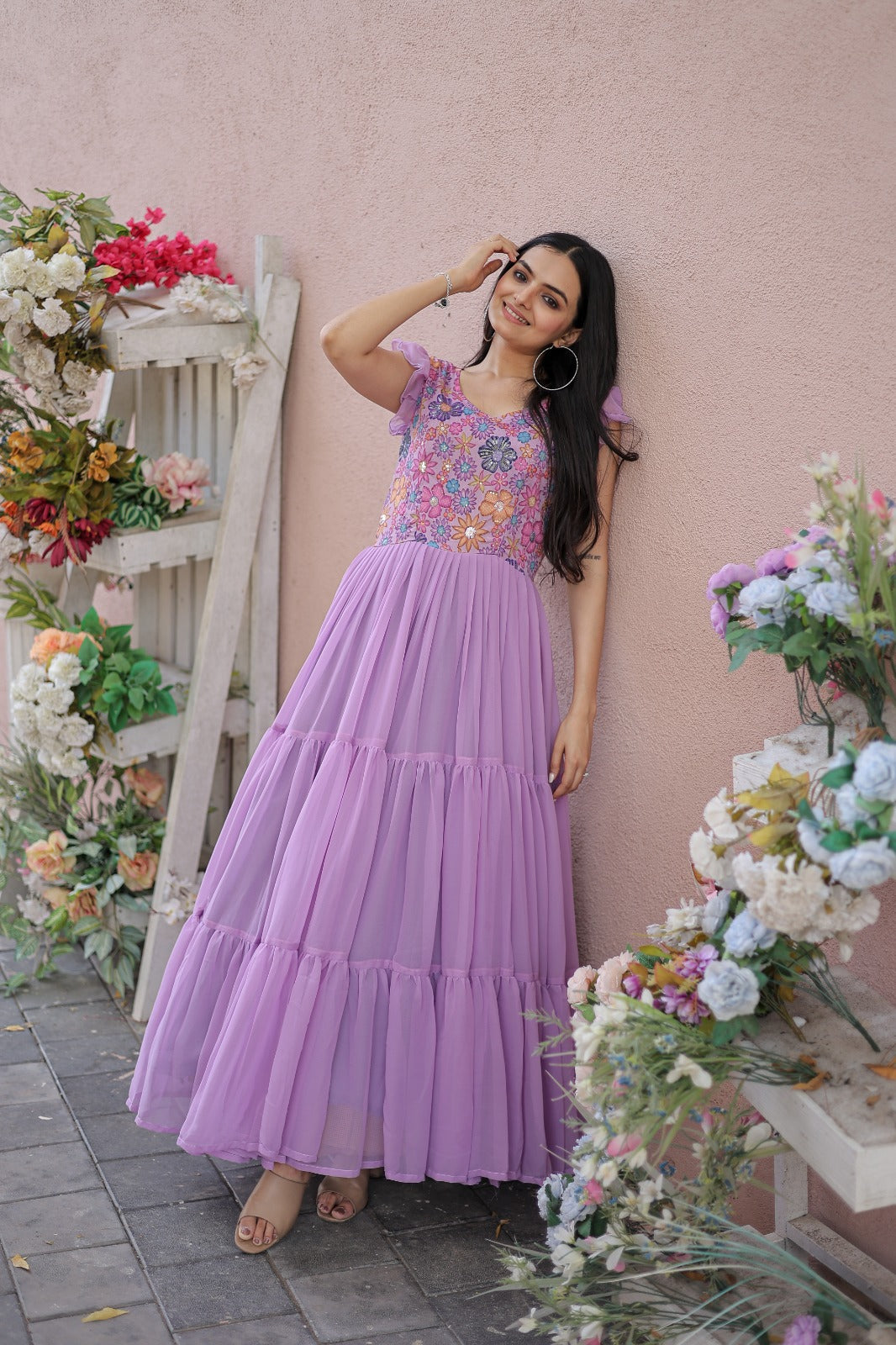 Ramadan Eid Gown in Lavender Color Georgette With Beautiful Sequence Work  in USA, UK, Malaysia, South Africa, Dubai, Singapore
