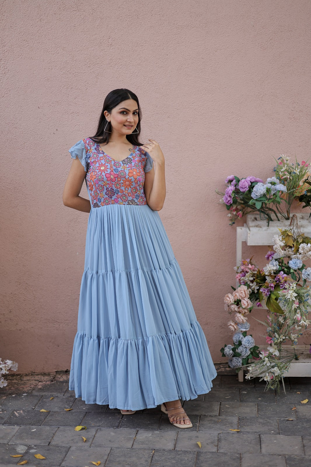 Captivating Ruffle Flare Sky Blue Color Gown