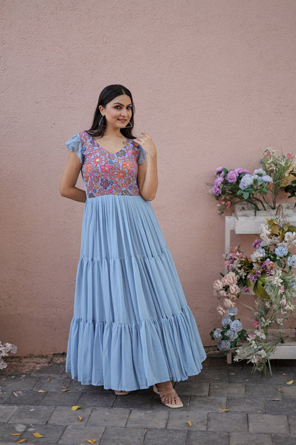 Captivating Ruffle Flare Sky Blue Color Gown