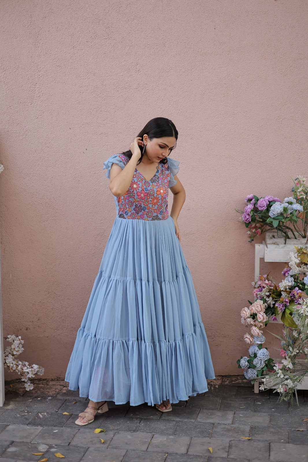 Captivating Ruffle Flare Sky Blue Color Gown