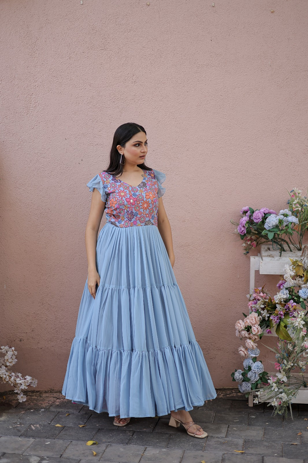 Captivating Ruffle Flare Sky Blue Color Gown