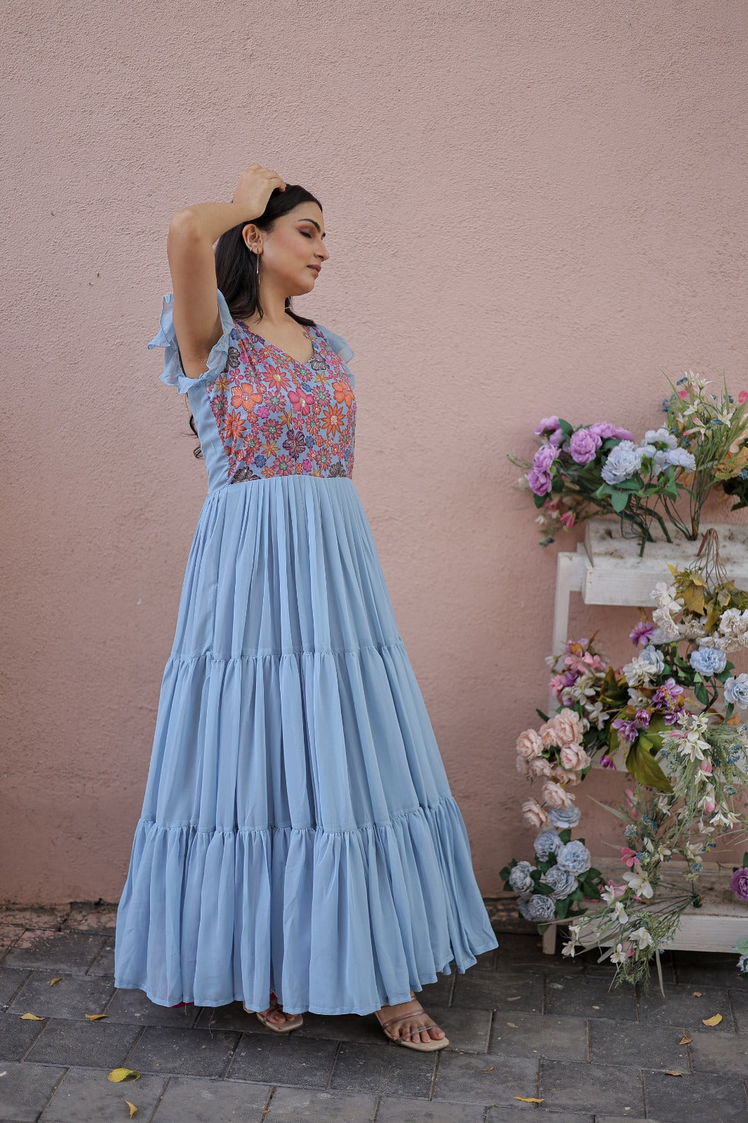 Captivating Ruffle Flare Sky Blue Color Gown