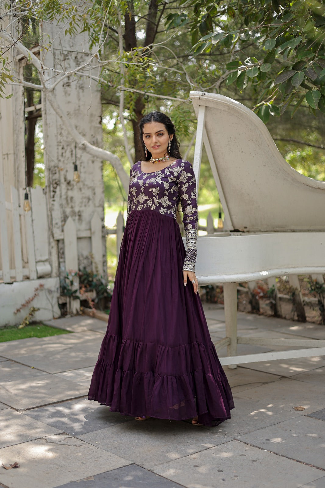 Wine Color Embroidery Work Long Gown