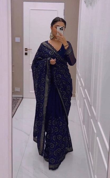 Wedding Wear Navy Blue Color Embroidered Sequence Work All Over Saree