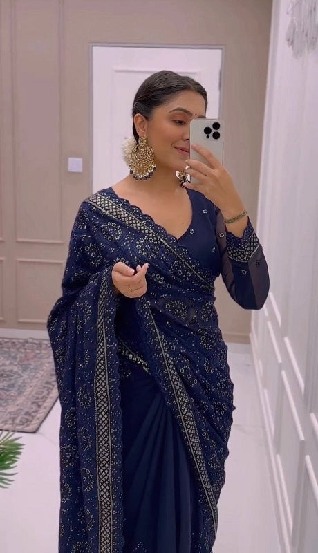 Wedding Wear Navy Blue Color Embroidered Sequence Work All Over Saree