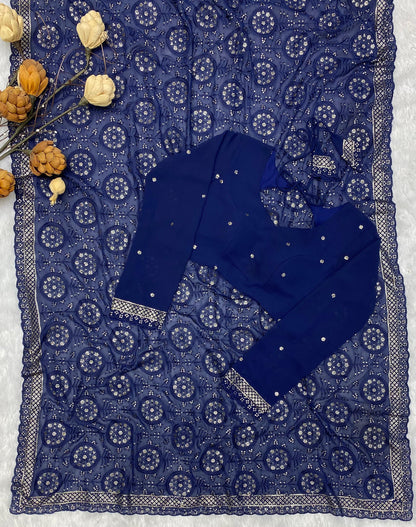 Wedding Wear Navy Blue Color Embroidered Sequence Work All Over Saree