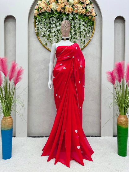 Red Color Heart Shape Design Ready To Wear Saree