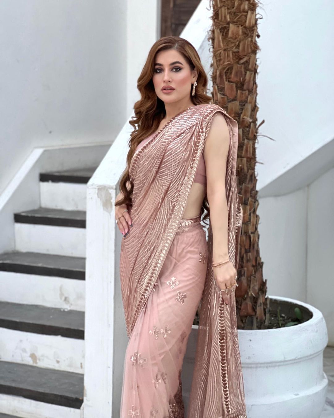 Wedding Wear Sequence Work Beige Saree