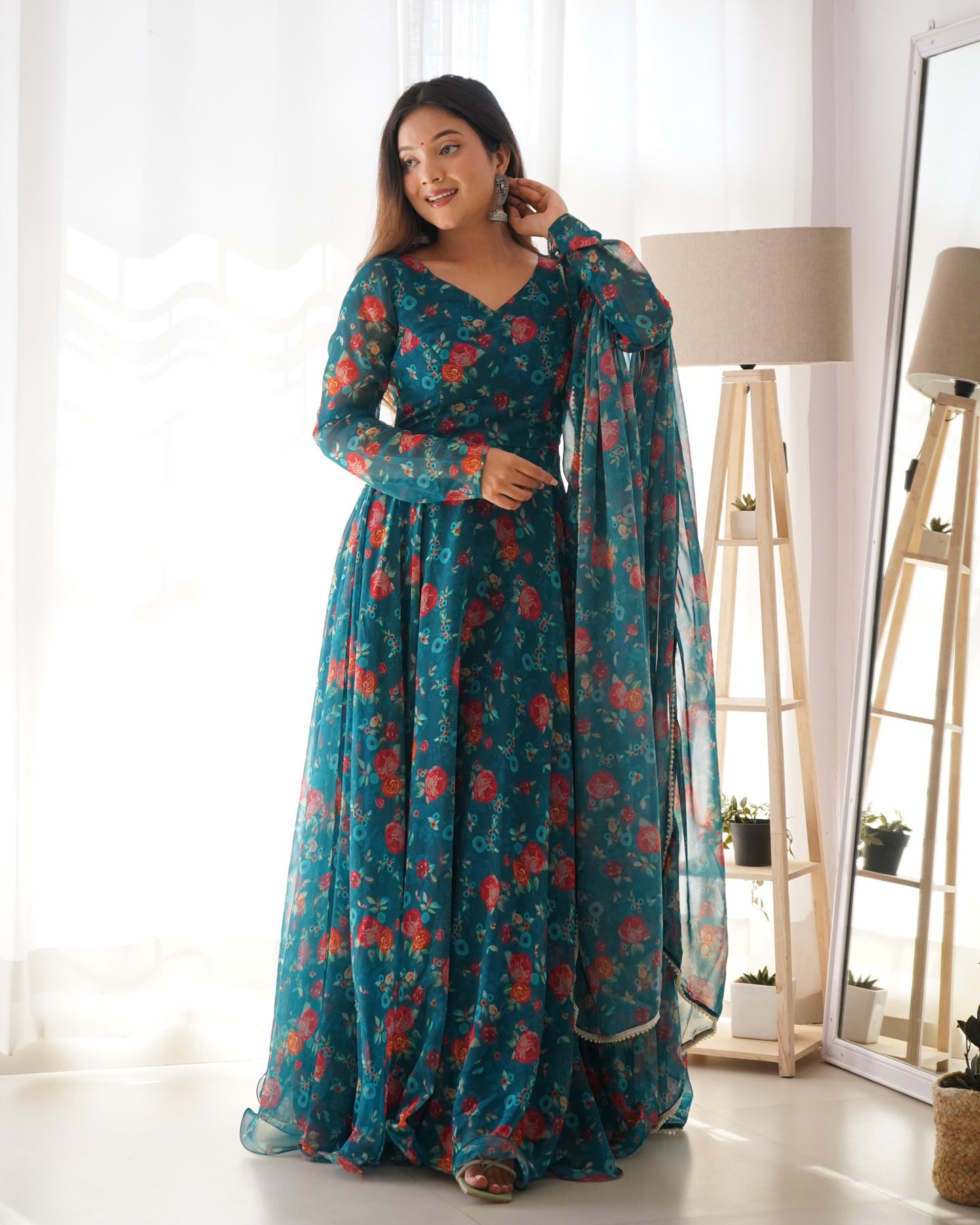 Wonderful Digital Print Teal Blue Color Anarkali Long Gown