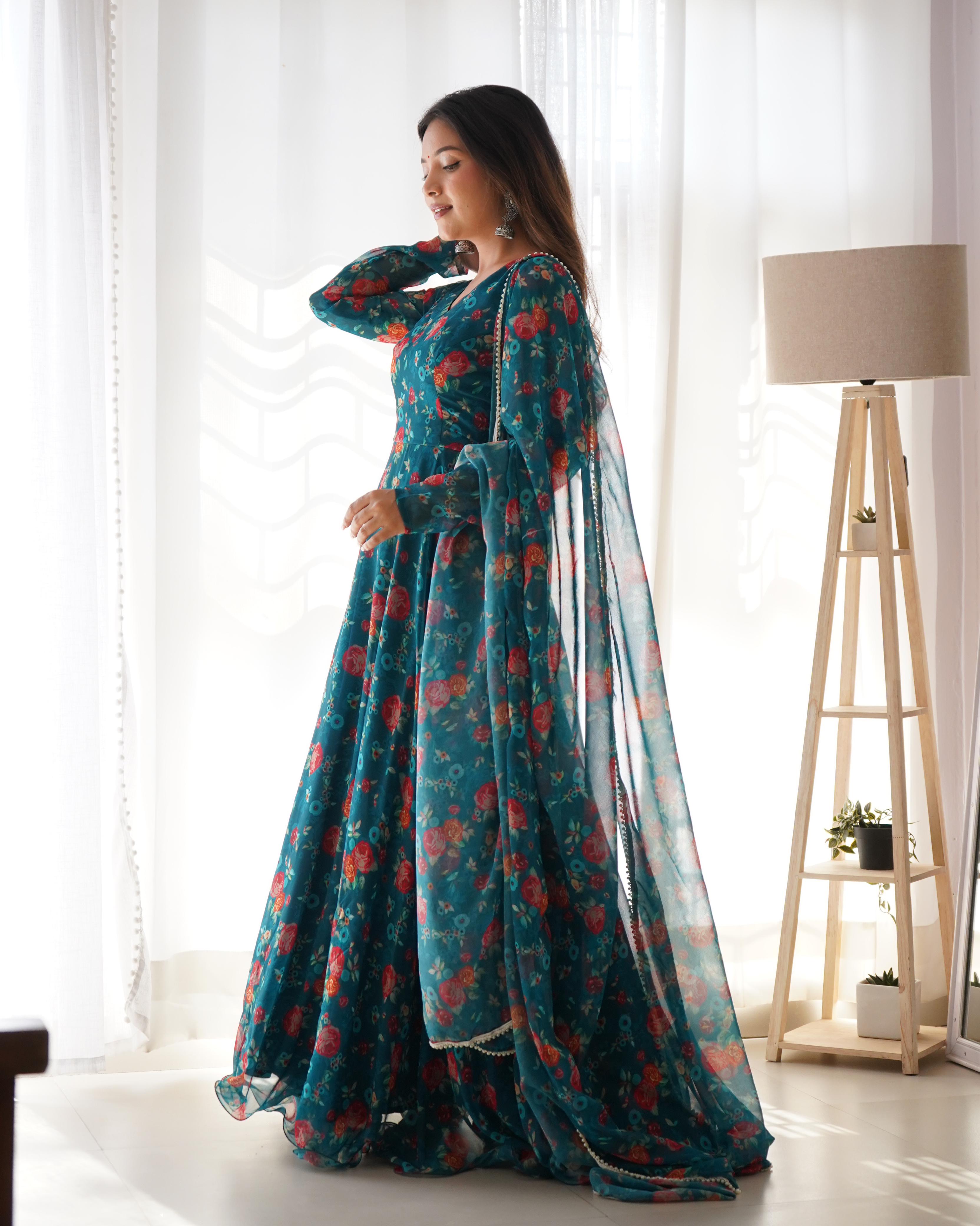 Wonderful Digital Print Teal Blue Color Anarkali Long Gown