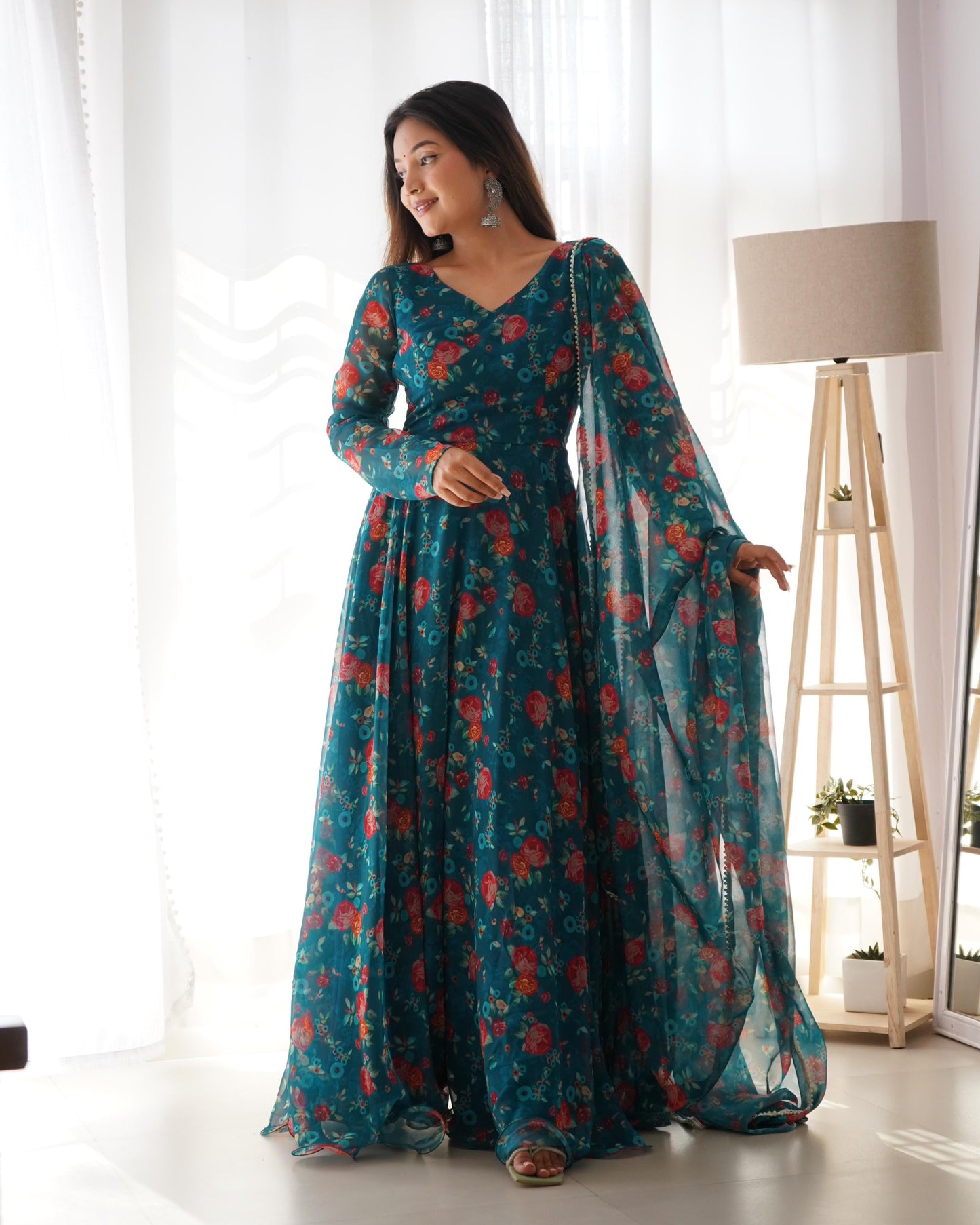 Wonderful Digital Print Teal Blue Color Anarkali Long Gown