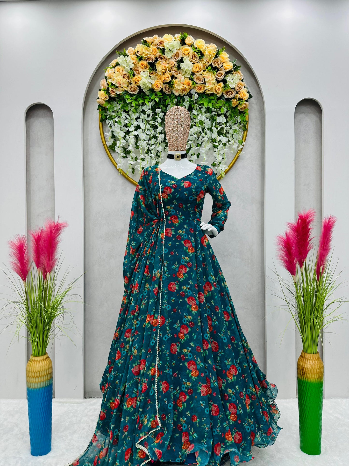 Wonderful Digital Print Teal Blue Color Anarkali Long Gown