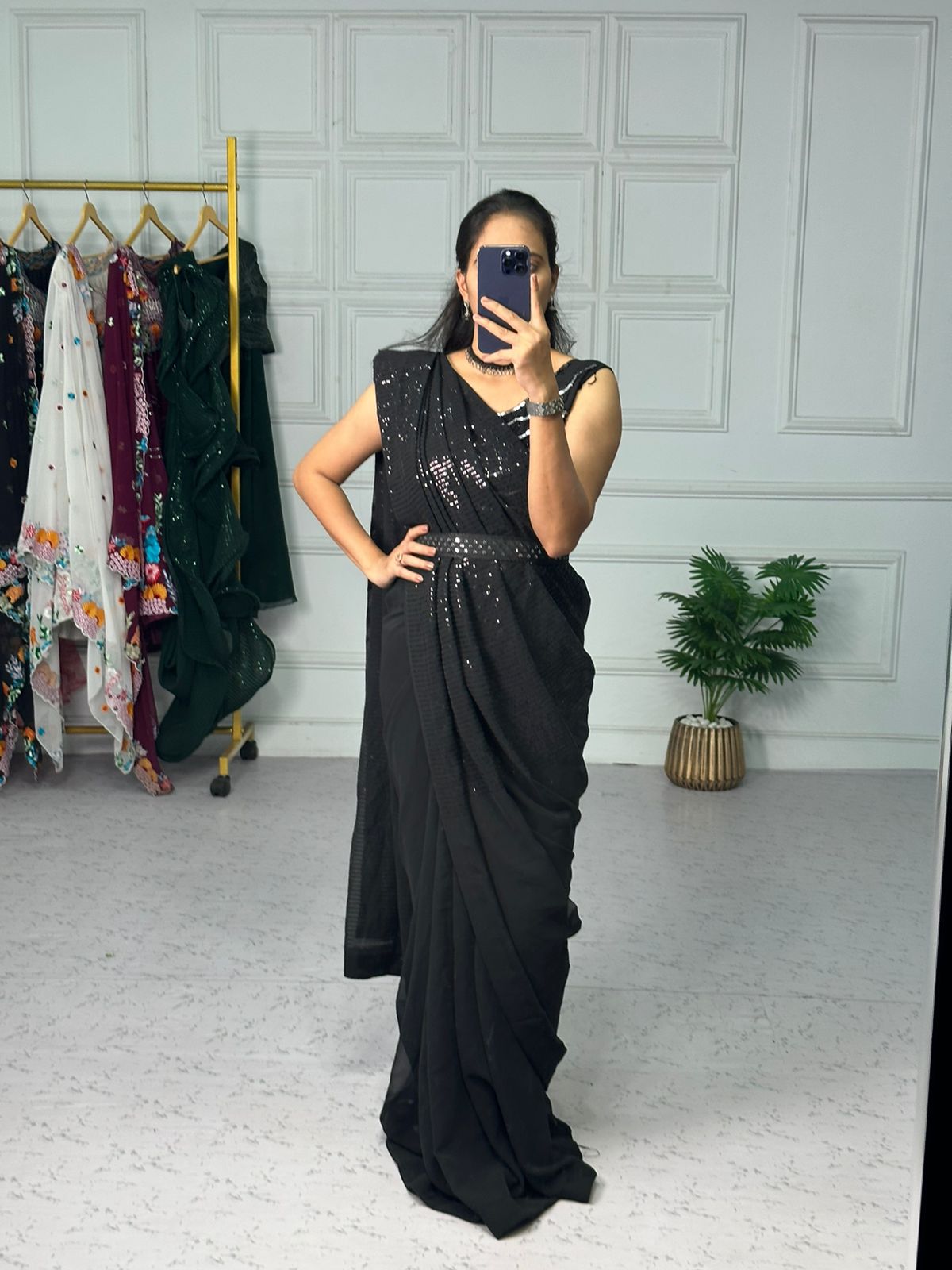 Black Color Embroidery Work Ready To Wear Saree