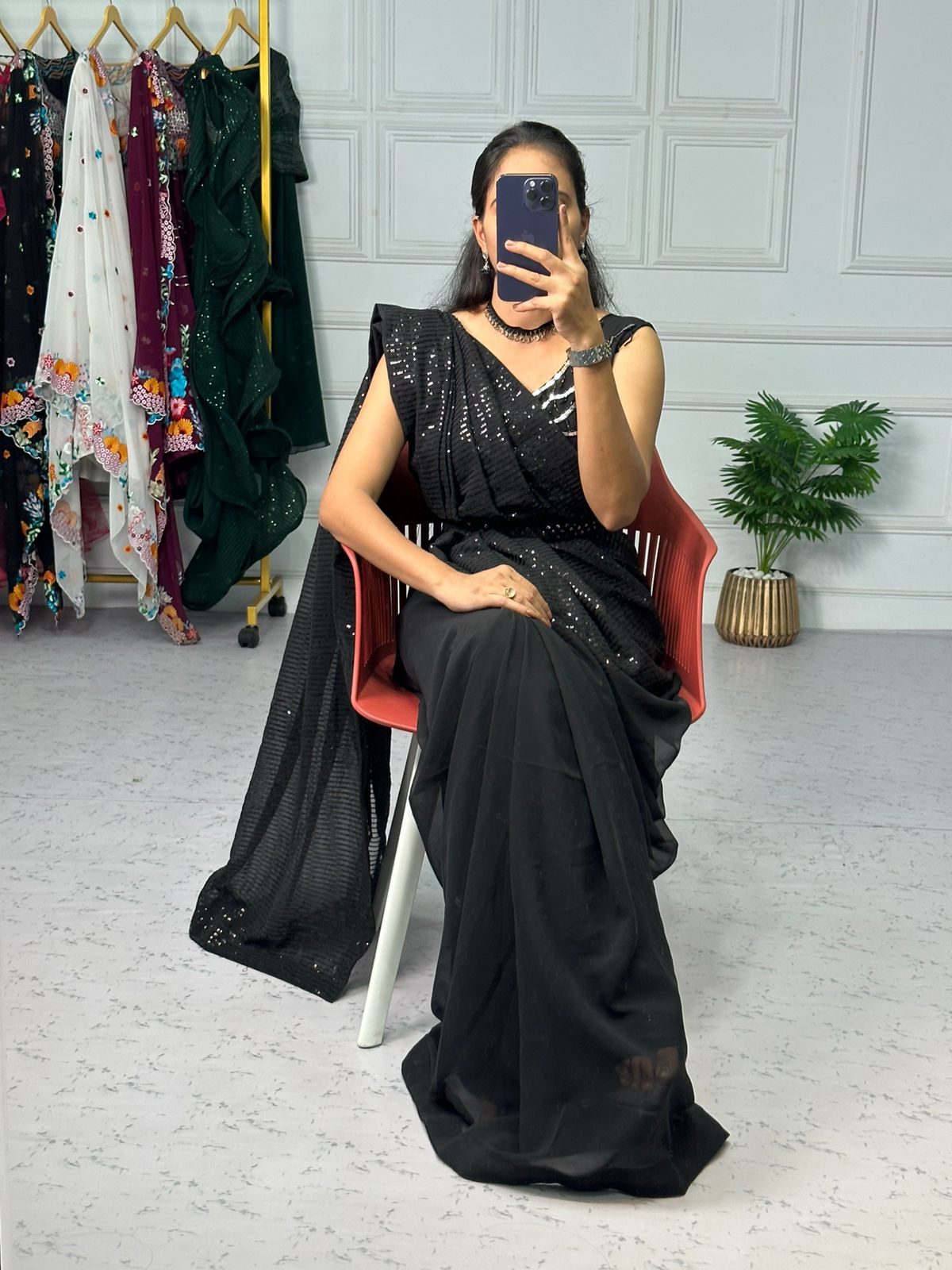 Black Color Embroidery Work Ready To Wear Saree