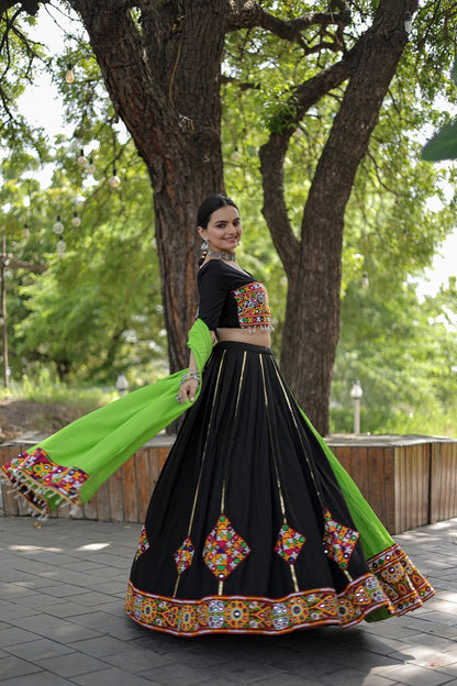 Kutchi Embroidered Work Black Color Lehenga Choli