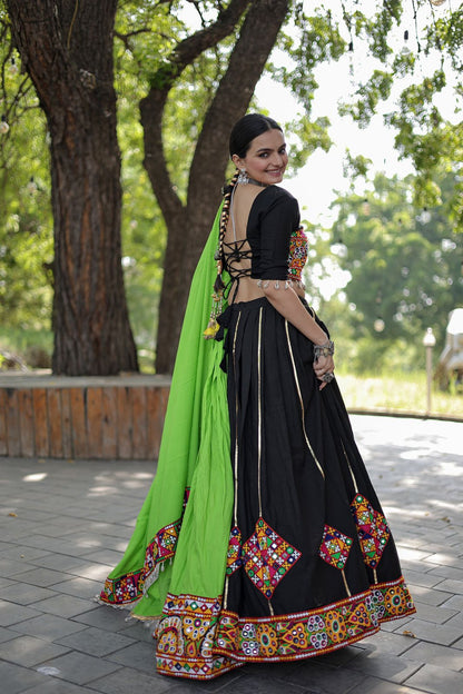 Kutchi Embroidered Work Black Color Lehenga Choli