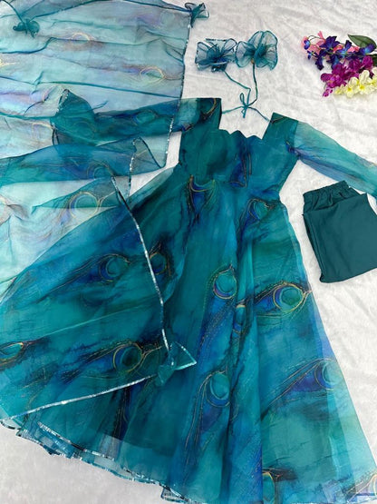 Beautiful Teal Blue Color Organza Silk Anarkali Suit