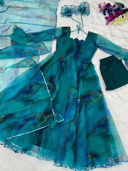 Beautiful Teal Blue Color Organza Silk Anarkali Suit