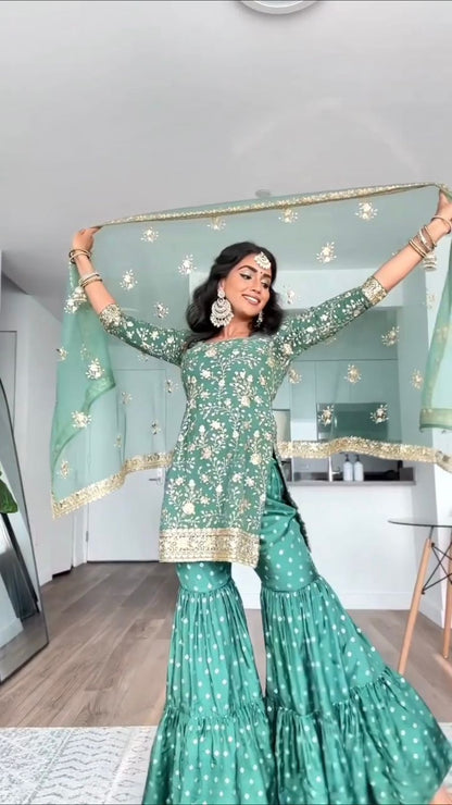 Wedding Wear Aqua Green Sequence Work Sharara Suit