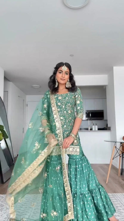 Wedding Wear Aqua Green Sequence Work Sharara Suit