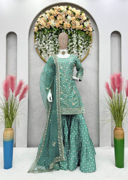 Wedding Wear Aqua Green Sequence Work Sharara Suit