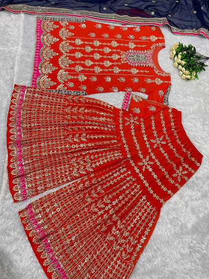 Orange Color Sequence Work Pakistani Sharara Suit