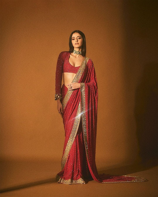 Red Color Golden Sequence Work Festive Wear Saree