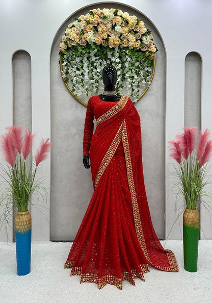 Red Color Golden Sequence Work Festive Wear Saree