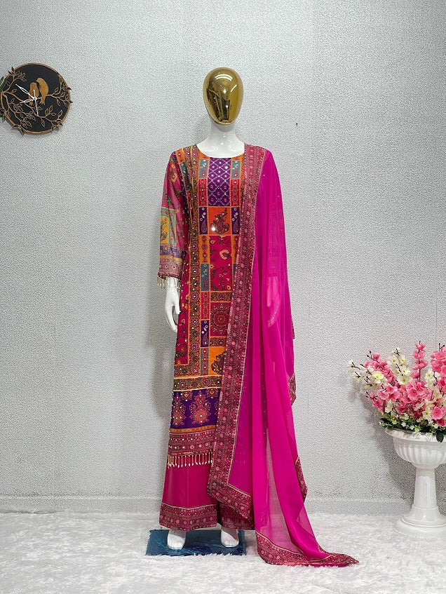 Occasion Wear Multi Design Pattern Pink Color Sharara Suit