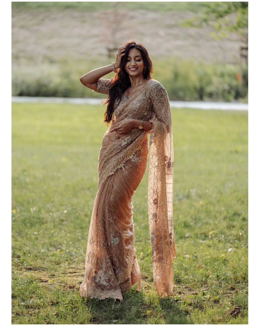 Excellent Beige Color Lace Border Net Saree Amrutamfab