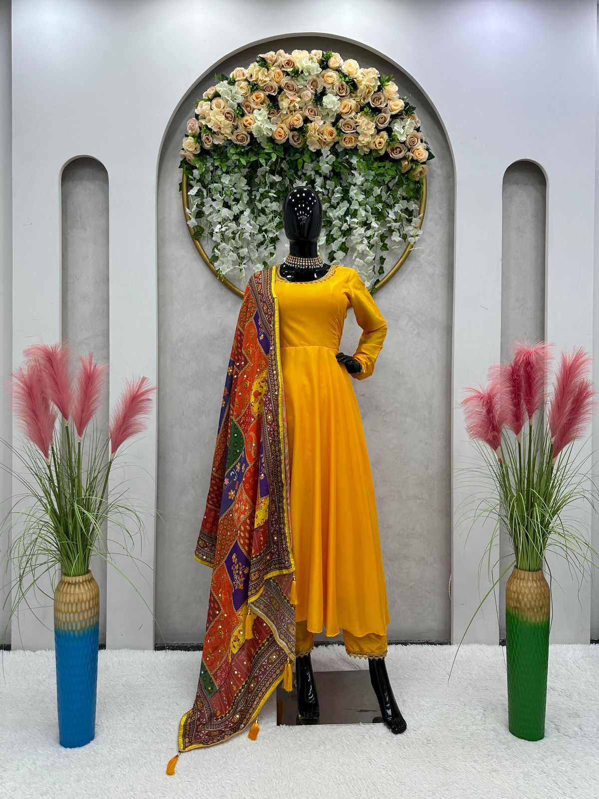 Yellow Color Plain Gown With Digital Print Dupatta