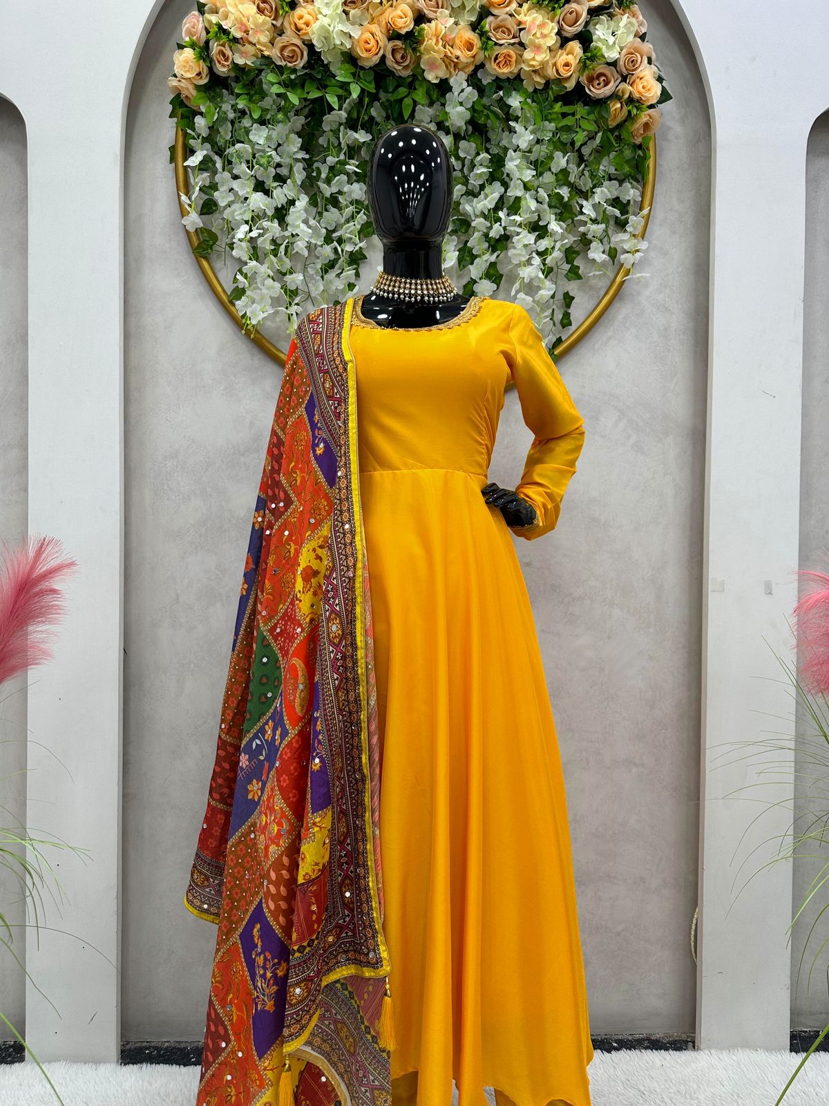 Yellow Color Plain Gown With Digital Print Dupatta