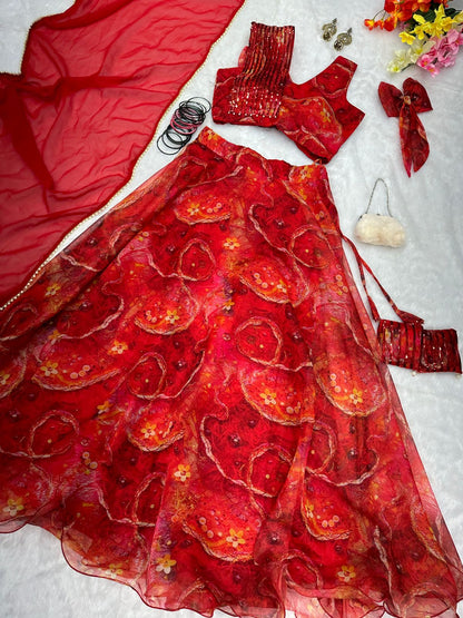 Trendy Organza Silk Digital Print Red Color Lehenga Choli